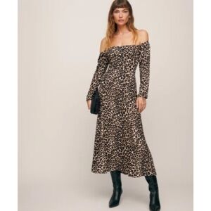 NEW Reformation Ballari dress leopard black brown midi off shoulder sz8 animal